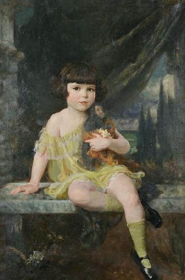 Douglas Volk Young Girl in Yellow Dress Holding her Doll, Sweden oil painting art